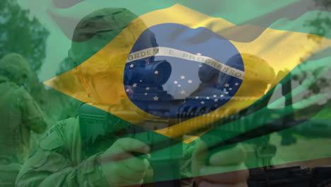 animation of flag of brazil over diverse soldiers