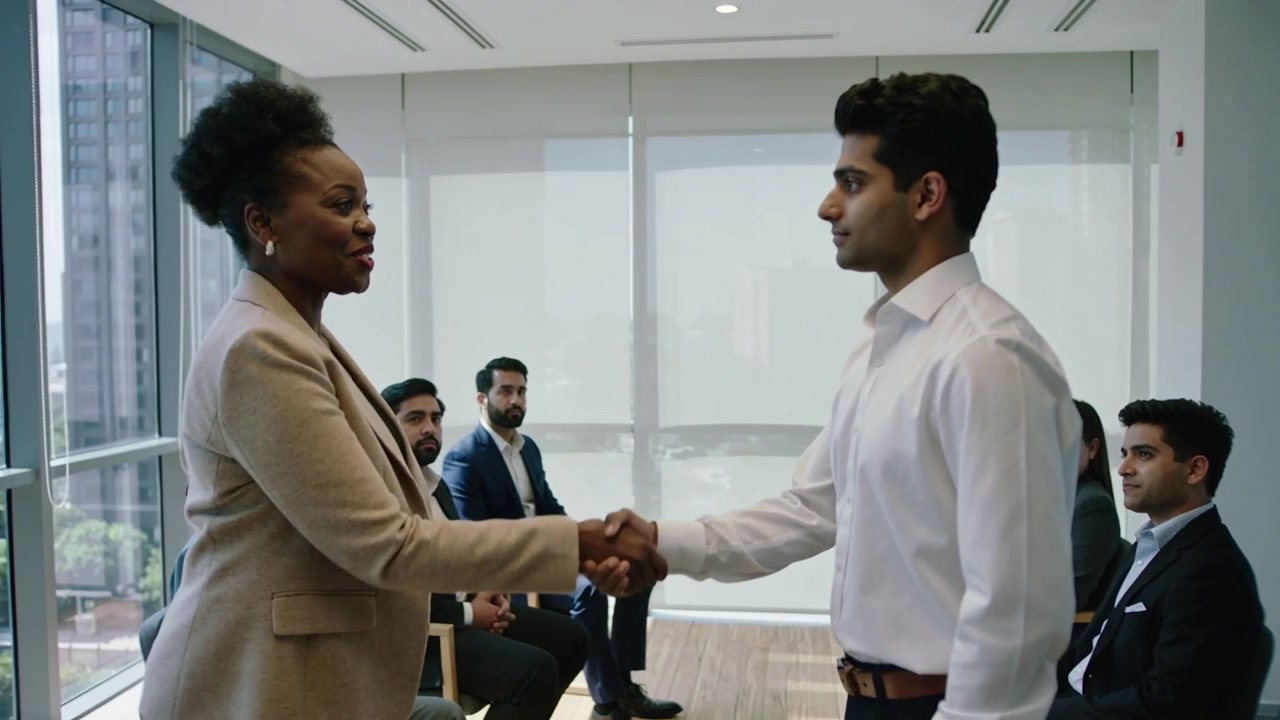 Reaching out woman initiating handshake with man, holding eye contact during panel, blazer, belt