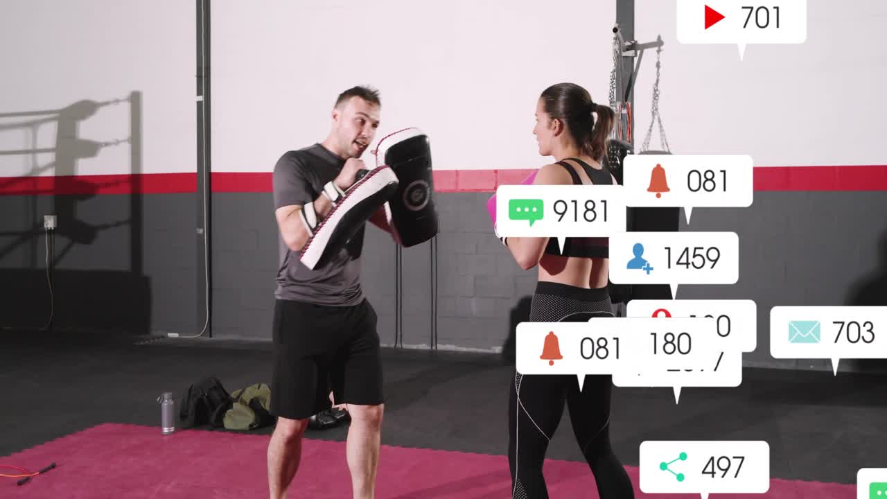 Coach holding pads, boxer throwing jabs and crosses in fitness, punches sparking social bubbles