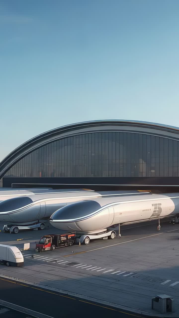 Vertical video: Moving red truck along two white pods on apron for service, crew in vest walking