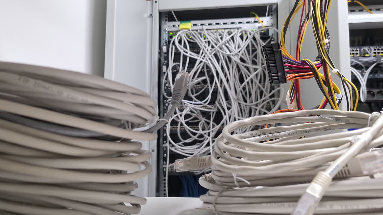 red de muchos cables en la sala de servidores local, toma de movimiento hacia adelante