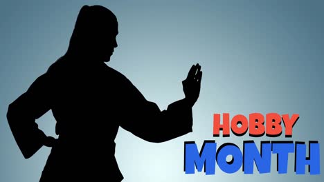 animation of hobby month text in red and blue with silhouette of female martial artist on grey