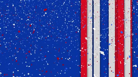 animation of confetti falling over white and red stripes on blue background