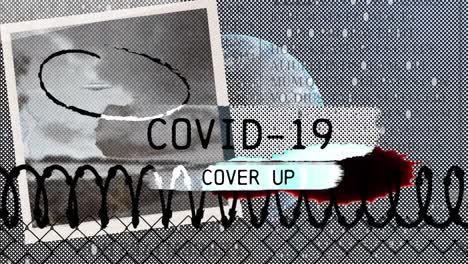 covid-19 cover up text over polaroid and barbed wire against globe on blue background