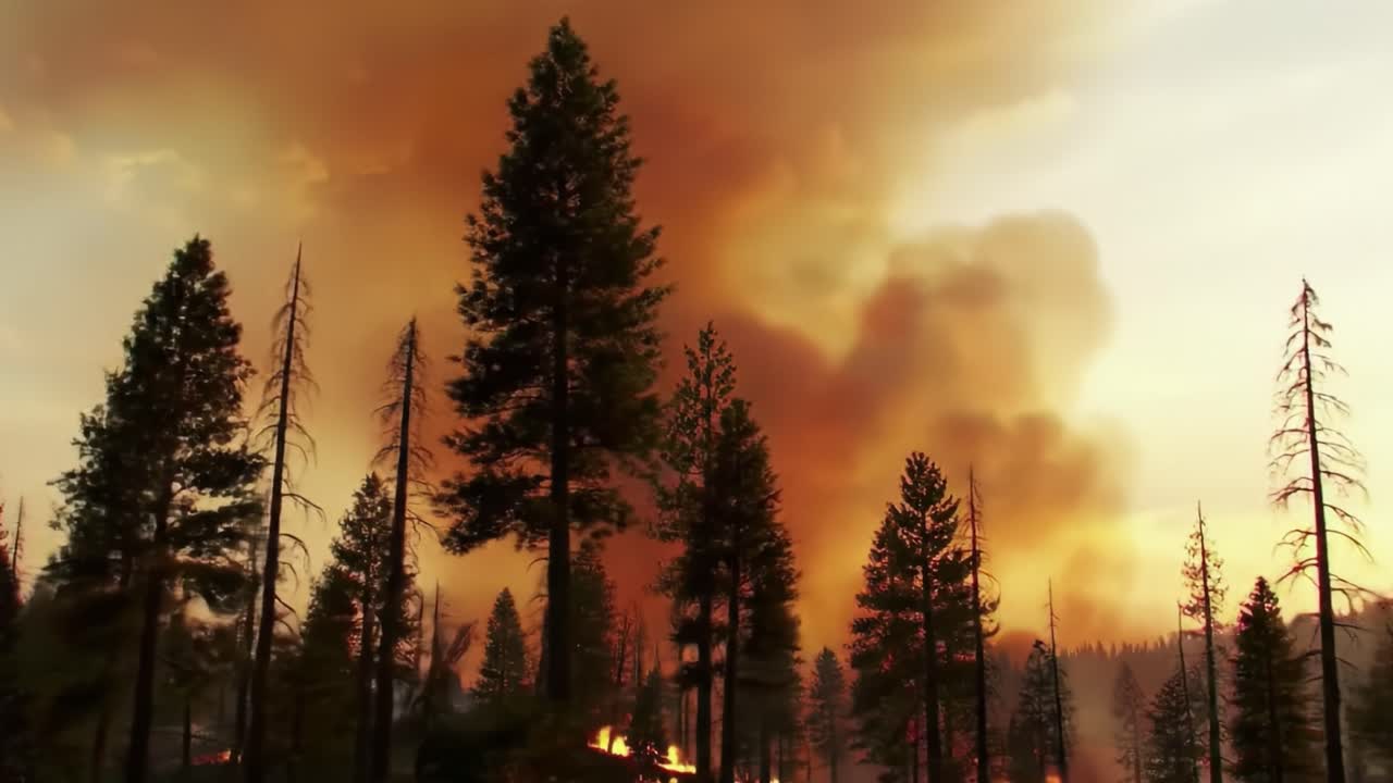 Stunning Captures of a Forest Under Siege: The Intense Beauty and Destruction of Wildfires Leaving Charred Trees and billowing Smoke in the Background