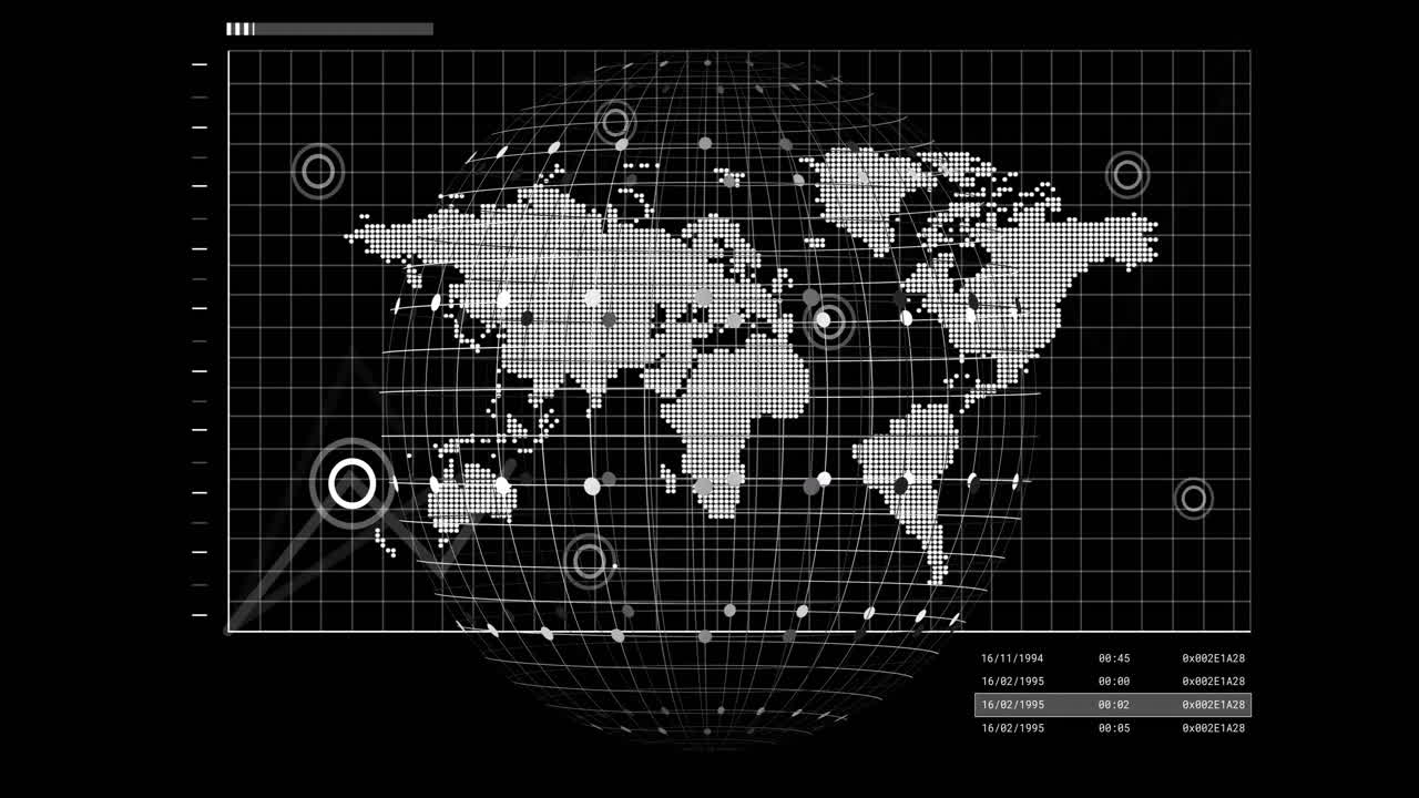 animación del procesamiento de datos digitales y globo sobre fondo negro