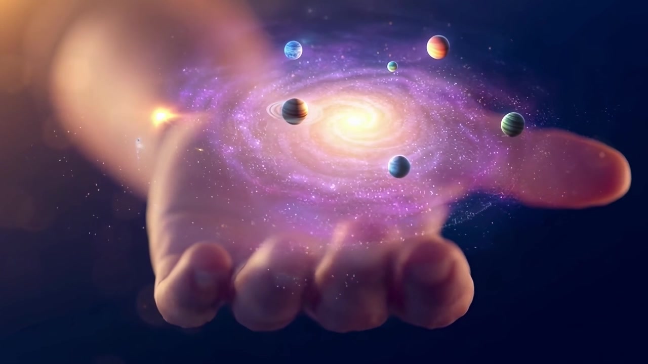 Human Hand Holding a Glowing Spiral Galaxy with Orbiting Planets