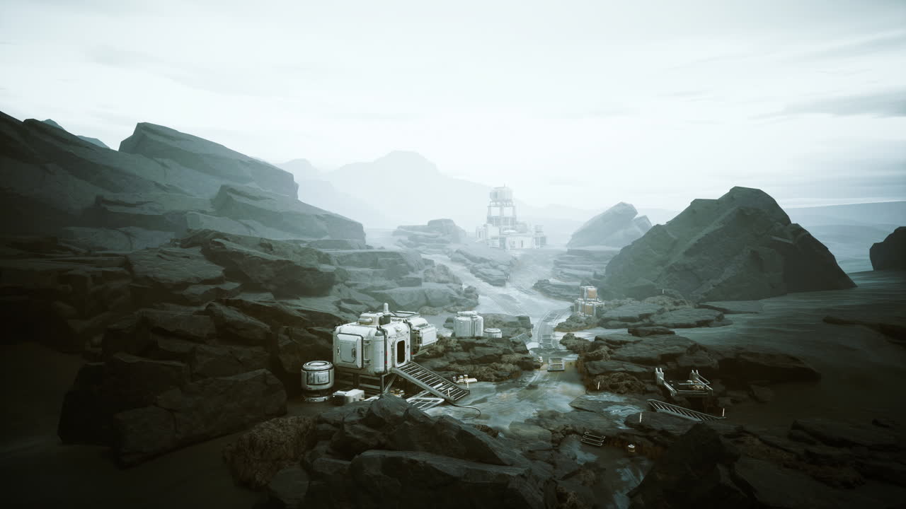 Cinematic aerial view of remote mountain valley settlement at dawn