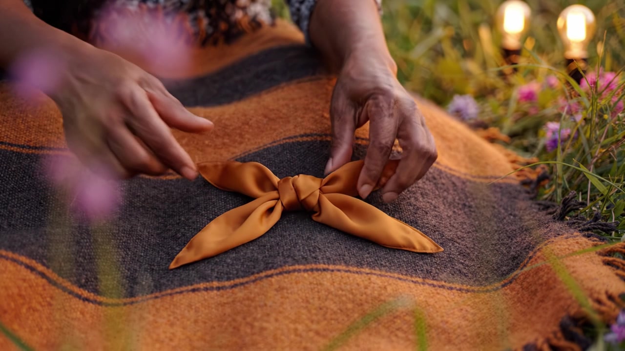 Primo piano di mani che legano abilmente un nastro di raso in un fiocco decorativo su una coperta colorata, circondate da fiori naturali e illuminazione soffusa.