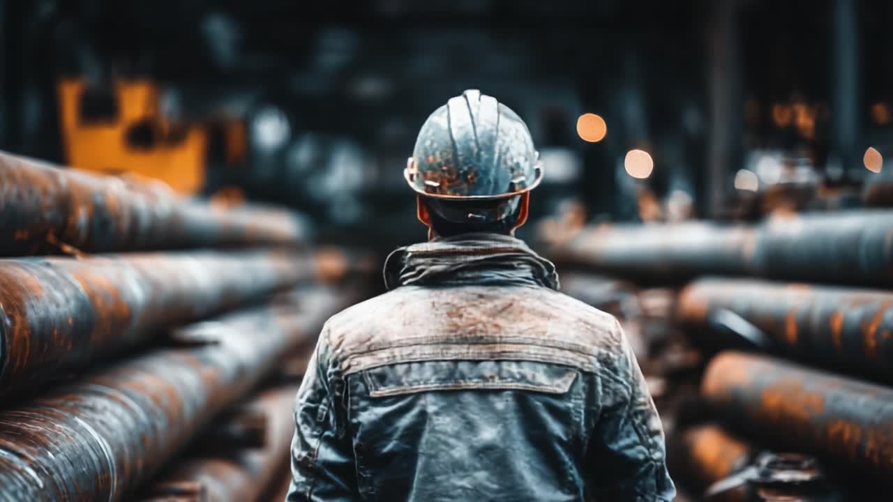 A Worker in Protective Gear Stands Amidst Industrial Pipes, Illustrating the Grit and Resilience Required in Modern Construction Environments