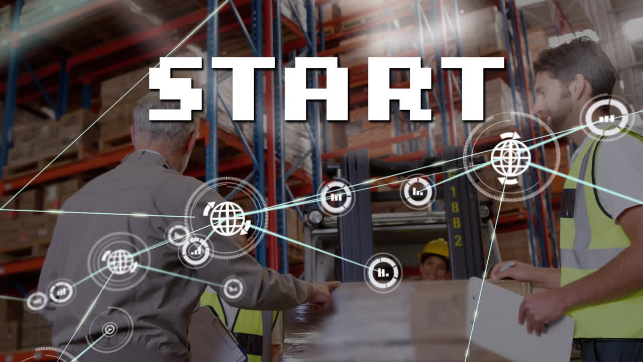 animación de la red de conexiones con iconos y inicio de texto sobre trabajadores de almacén caucásico.