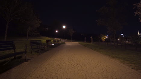 benches along pavement in petrin park at night,prague,czechia,during lockdown