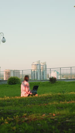 mujer sentada en un campo cubierto de hierba, trabajando en una computadora portátil, edificios de la ciudad en el fondo con barandillas de hierro y luces de parque, la luz del sol proyectando sombras en su ropa, centrada en su trabajo en la naturaleza