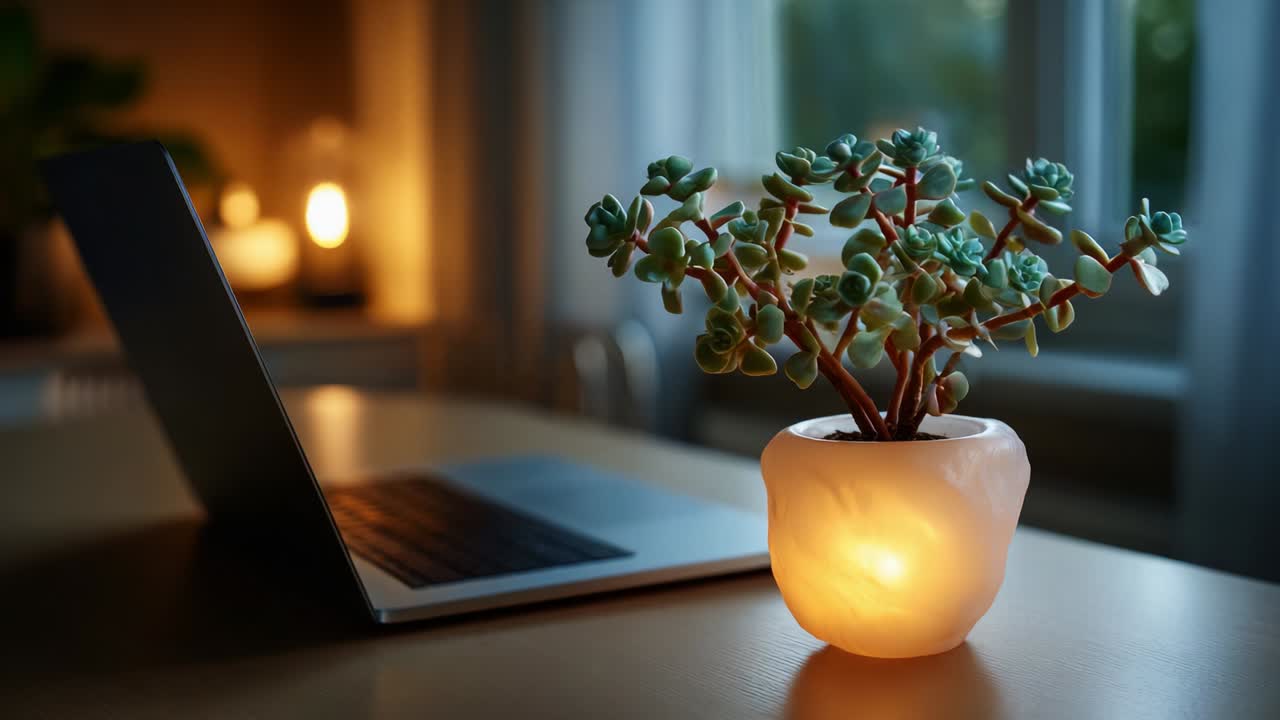 A Serene Evening Workspace Scene Featuring a Charming Succulent Plant Illuminated Softly by a Warm Glow, Complemented by a Laptop and a Cozy Atmosphere Perfect for Inspiration and Relaxation