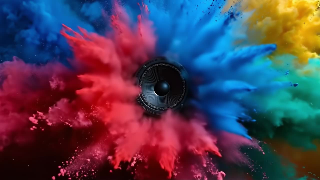 A speaker in the middle of a colorful explosion of paint