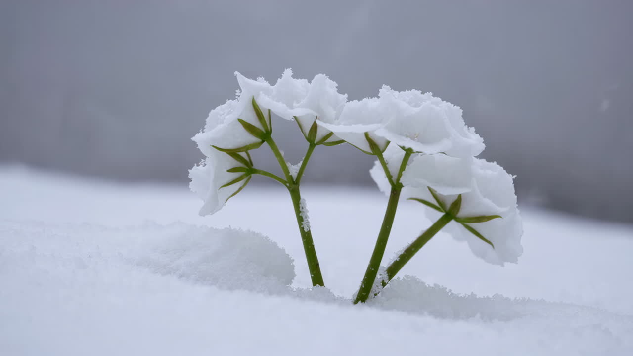 White Flowers Covered in Snow