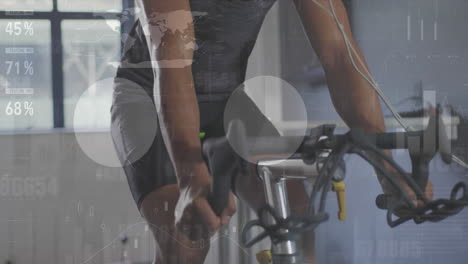 animación del procesamiento de datos estadísticos sobre el entrenamiento de un hombre en forma biracial en bicicleta de ejercicio en el gimnasio