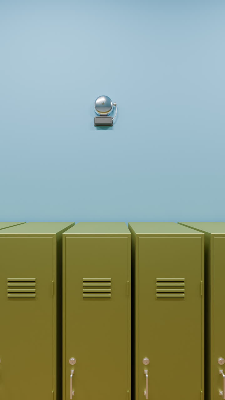 Back To School Ringing Grey Bell With Yellow Lockers In The Corridor