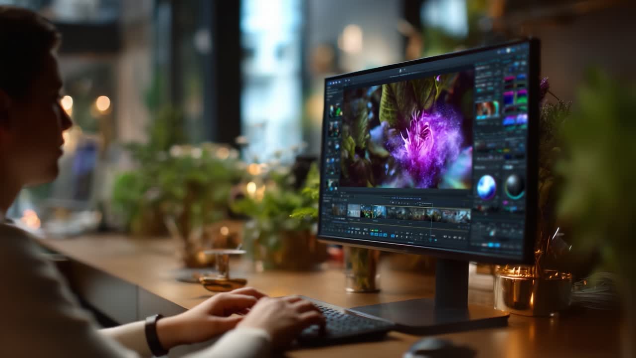 A Creative Workspace Featuring a Computer Displaying Vibrant Floral Visuals, Surrounded by Lush Greenery in a Modern Cafe Environment