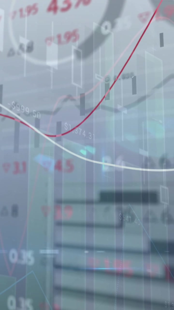 Animation of statistical, stock market data processing and light spots against grey background