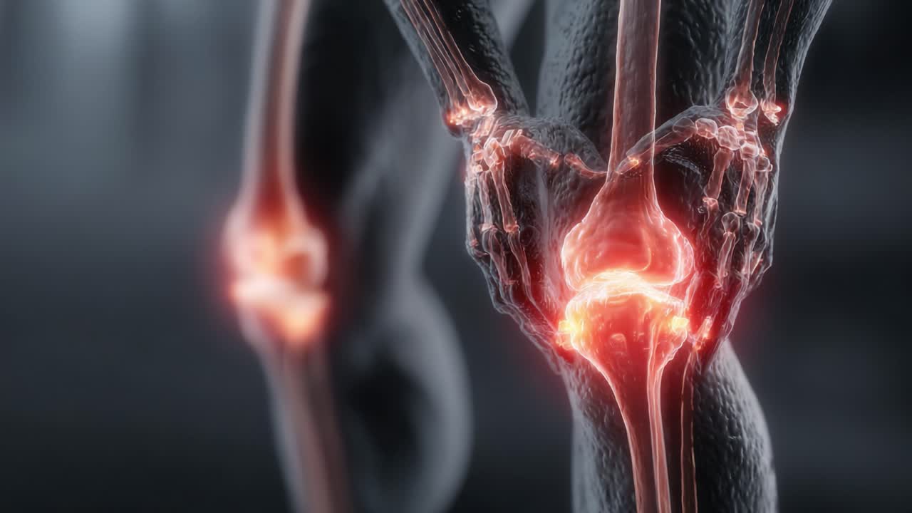Anatomisk illustration af menneskelige knæ, der fremhæver ledstruktur og smerteområder, og viser en detaljeret 3D-model af slidgigtens virkninger på ledfunktionen.