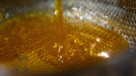 unfiltered fresh honey flows on the metal sieve. close up. healthy organic food production at apiary.