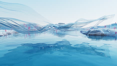 rippled lake with transparent flowing cloth, 3d rendering.