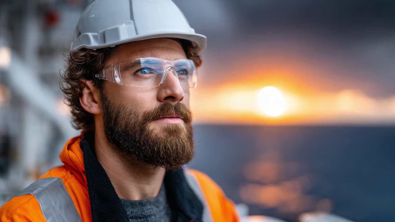 A dedicated maritime worker gazes into the horizon while wearing safety gear, capturing the essence of resilience and commitment at sea during sunset hours