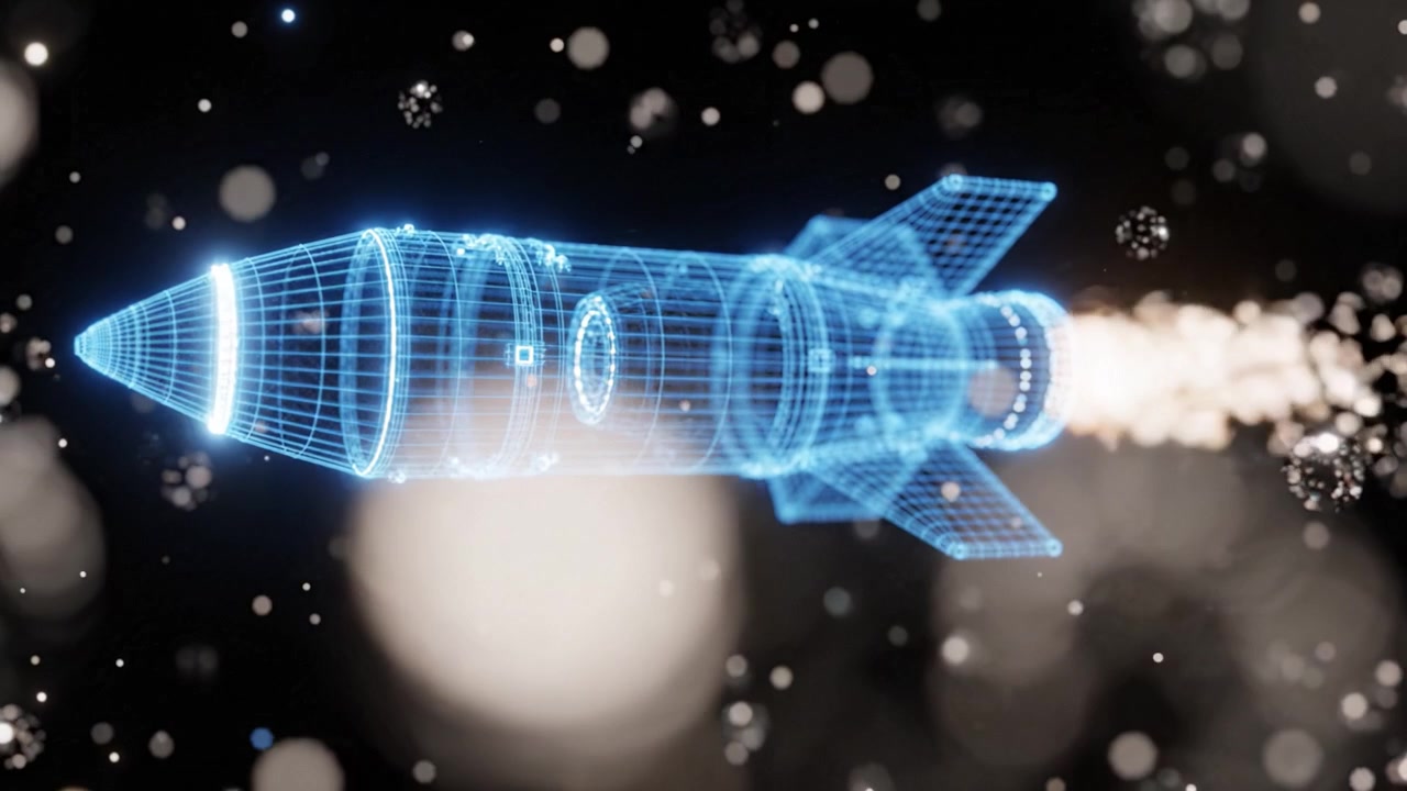 A stunning visual representation of a rocket launching into space, showcasing advanced technology and design in a futuristic, holographic style against a dark background.