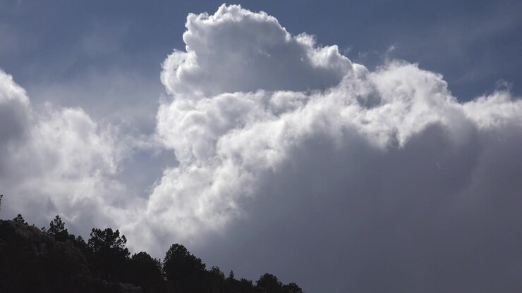 Large White Cumulus Clouds Drifting Over Forested Hillside