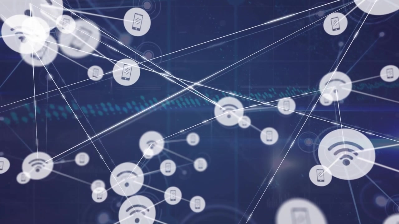 A digital animation of connections and graphs on a navy background