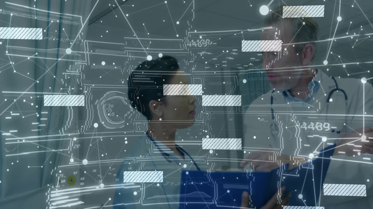 With AR interface fading in, woman doctor pointing at clipboard and peer reviewing for diagnosis