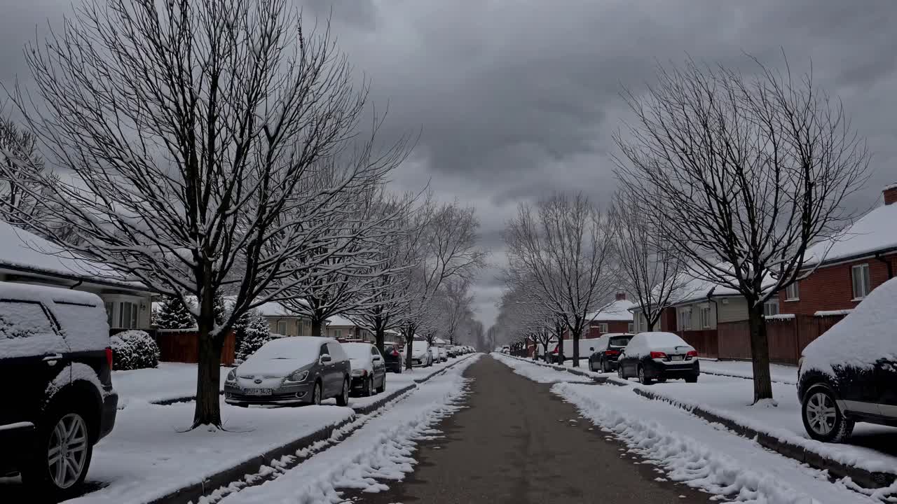 A tranquil winter street scene captured in a wide-angle video, showcasing snow-covered trees