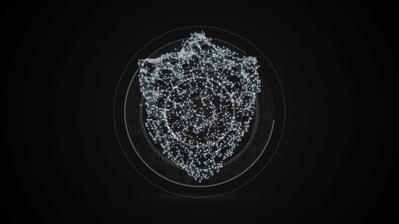 animación de un candado digital sobre un fondo negro con círculos giratorios