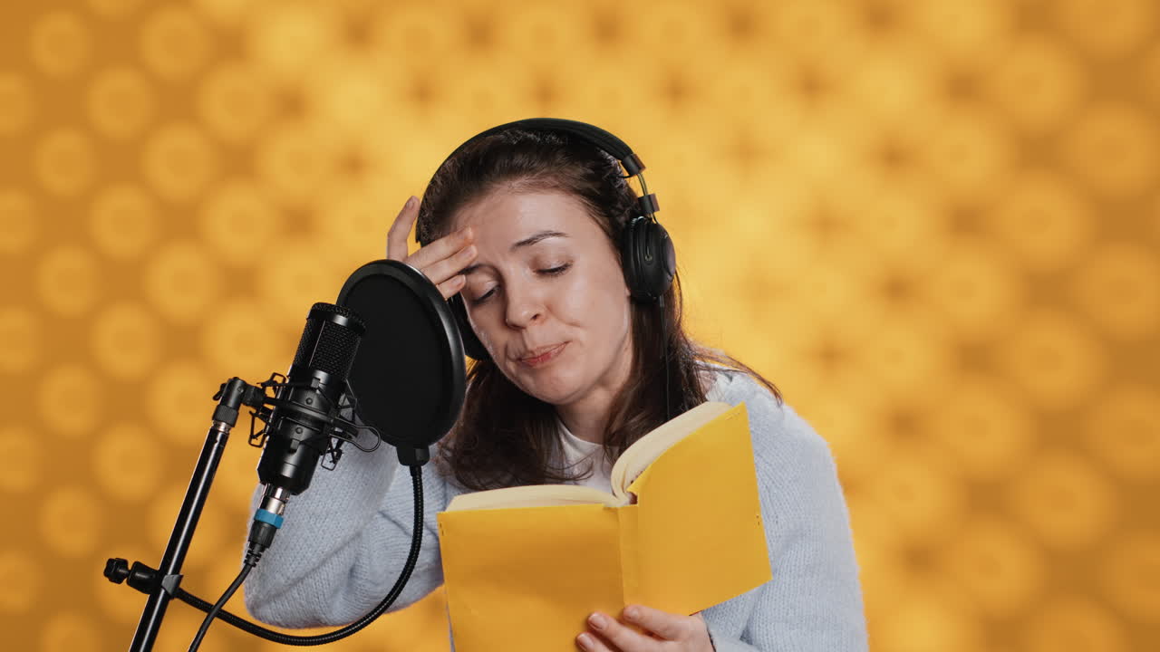 mujer se siente cansada mientras hace la voz en off del libro, fondo de estudio