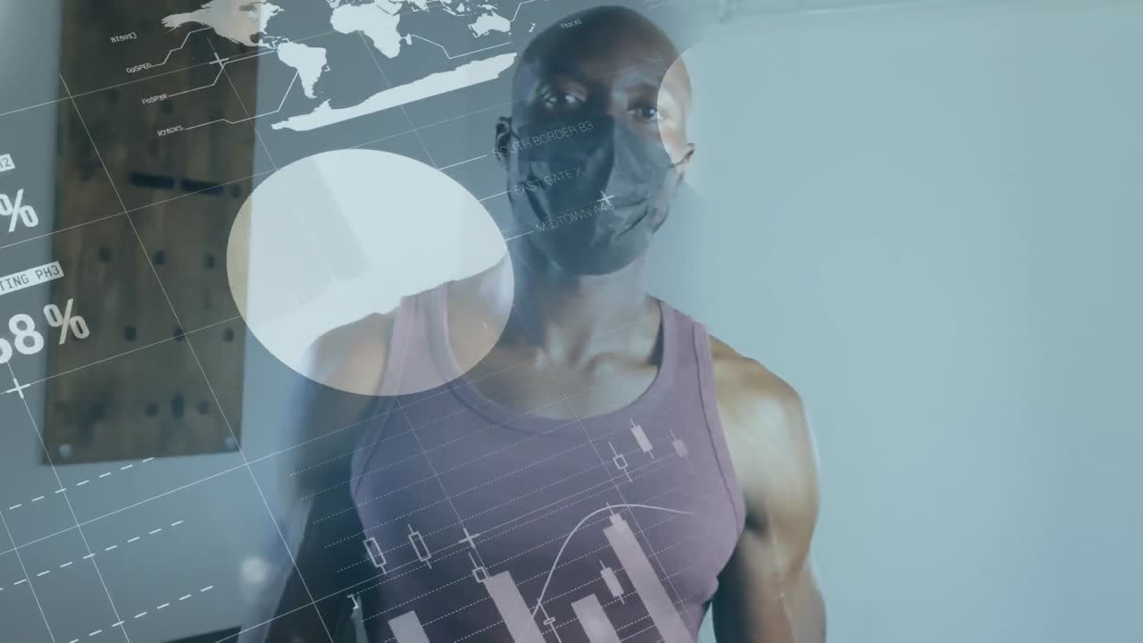 animación de las estadísticas de covid-19 y el procesamiento de datos sobre el hombre en forma en una máscara rápida en el gimnasio