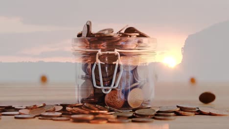 animación de una jarra con monedas sobre el paisaje