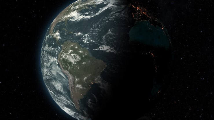 Composição CGI: aproximando-se do planeta Terra girando, meio iluminado com um fundo estrelado