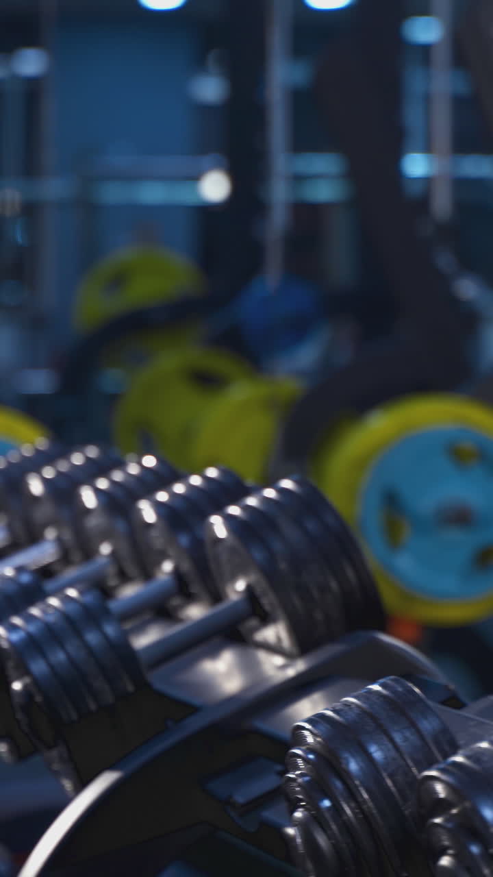 Young man with naked torso taking weight. Handsome bodybuilder working with huge weight. Vertical video