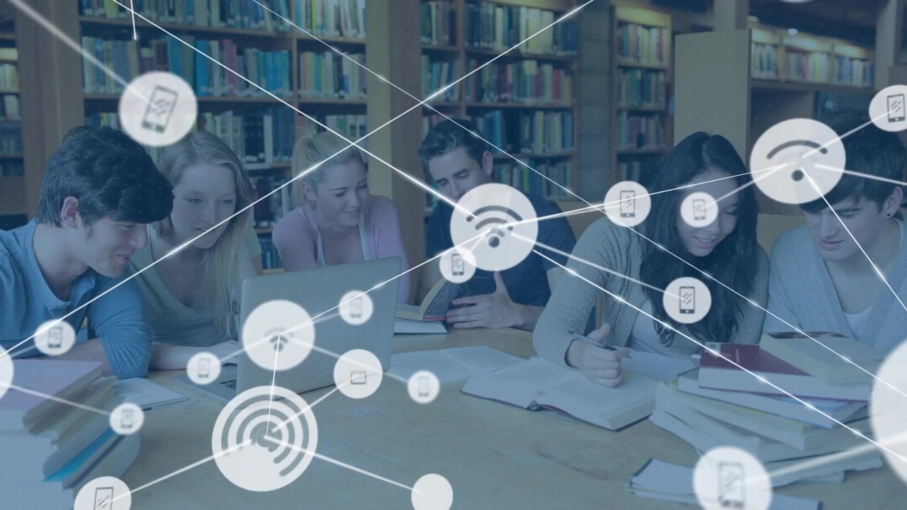 Animation of network of connections over diverse students learning in library