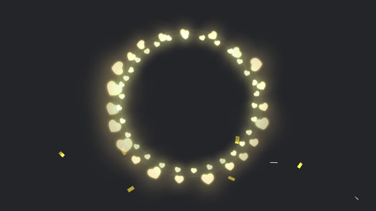 animación del círculo de corazones brillantes luces de hadas de navidad sobre confeti dorado, en negro