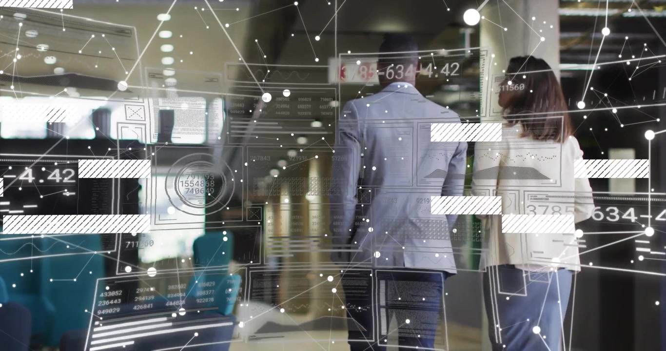 After meeting, man and woman walking through corporate lobby, HUD nodes tracking across frame