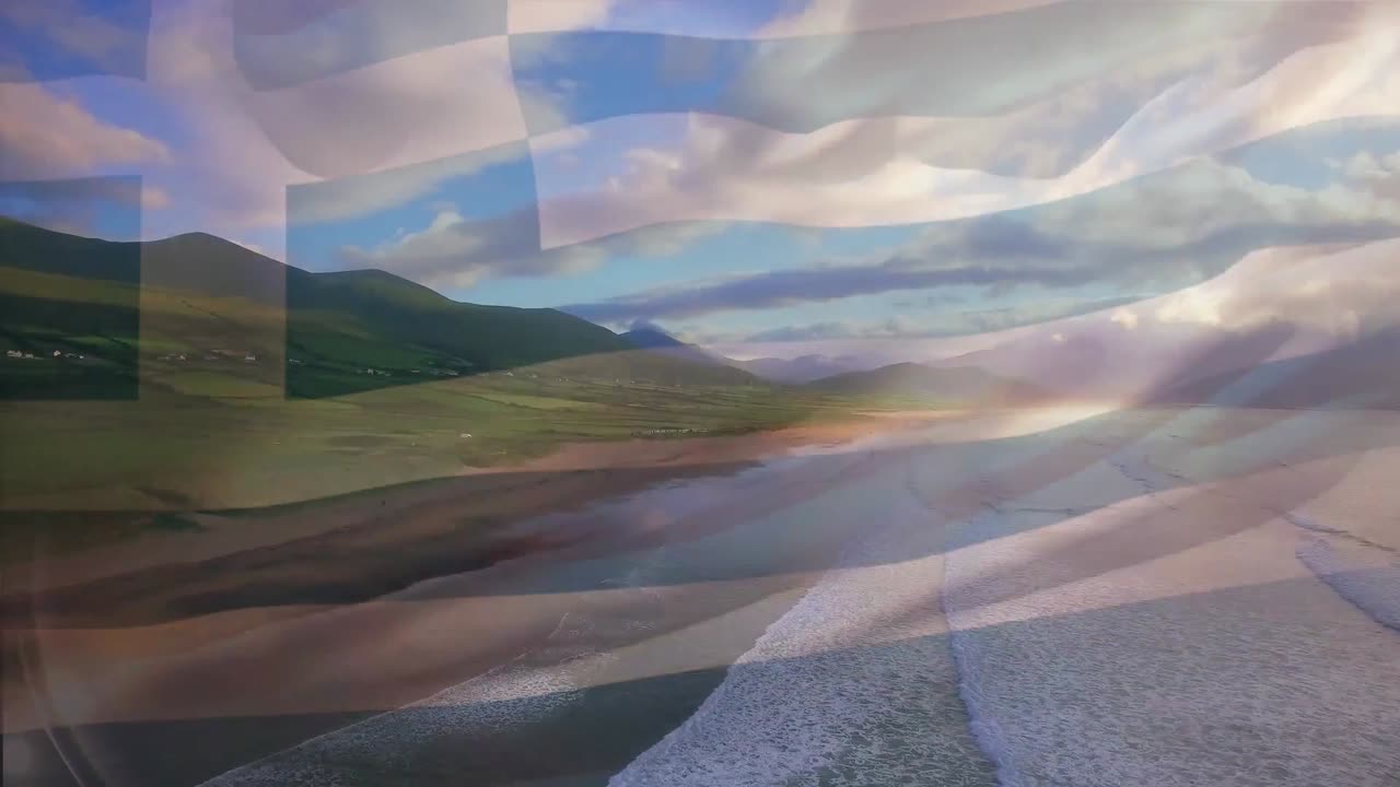 그리스  ⁇ 발이 해변 해양 풍경 위에서 날아다니는 애니메이션