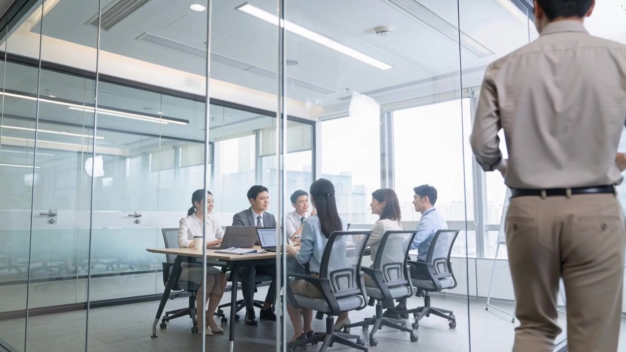 Carrying tray, man delivering coffee for meeting behind team in glass room, wearing business attire