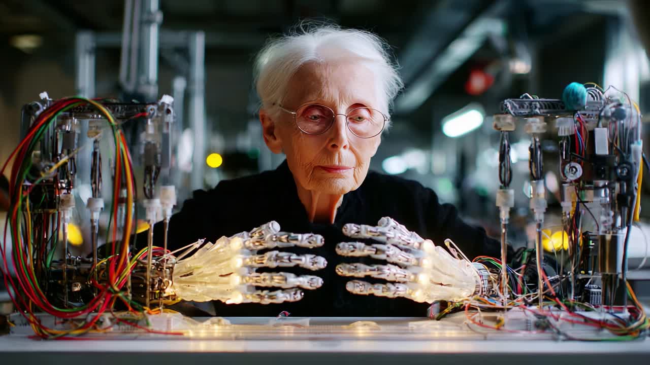 An elderly woman with robotic hands demonstrating the fusion of technology and humanity in a workshop, showcasing intricate connections between her lifelike prosthetics and their intricate machinery