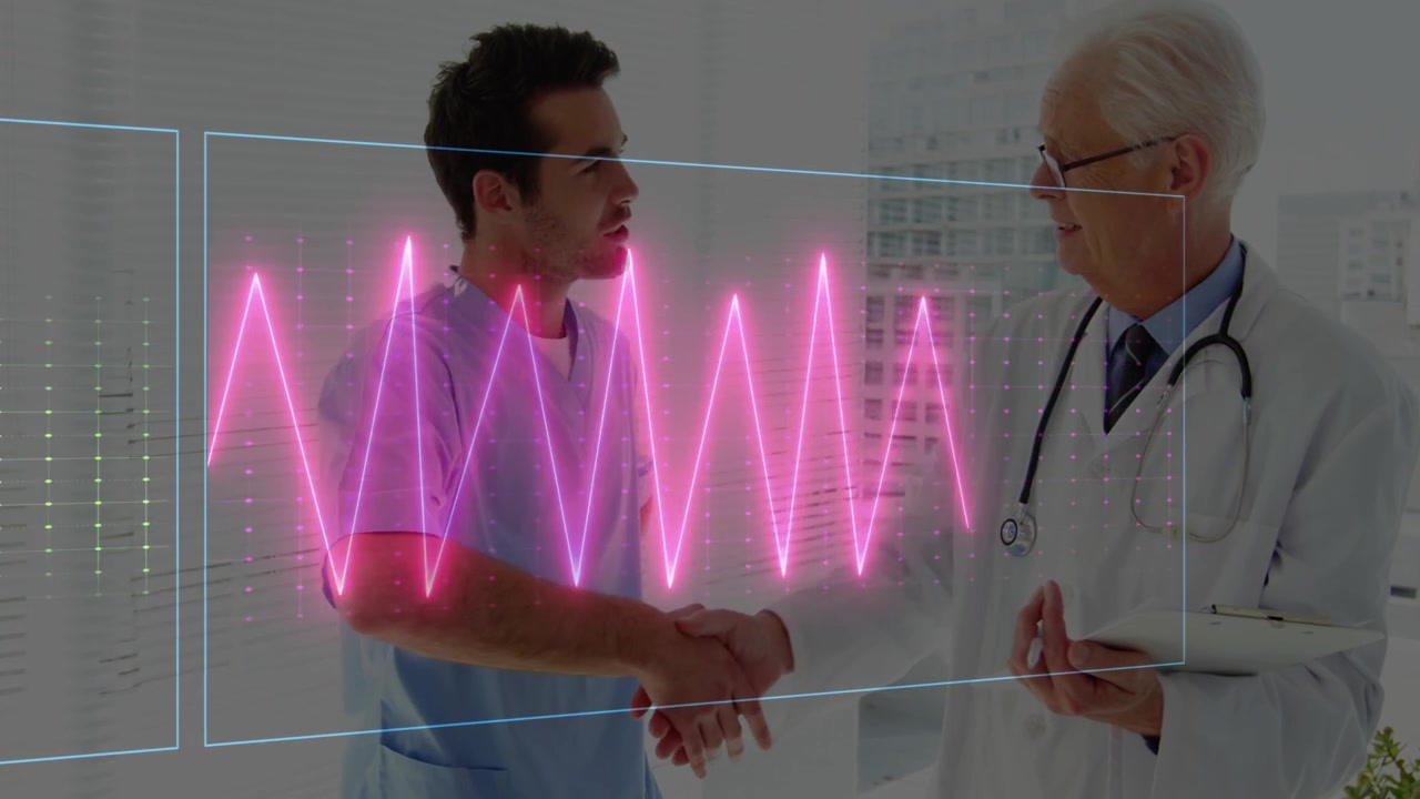 Læge tapper på tablet og aktiverer medicinsk holo-EKG, mens praktikant gestikulerer og giver hånd for at bekræfte planen.