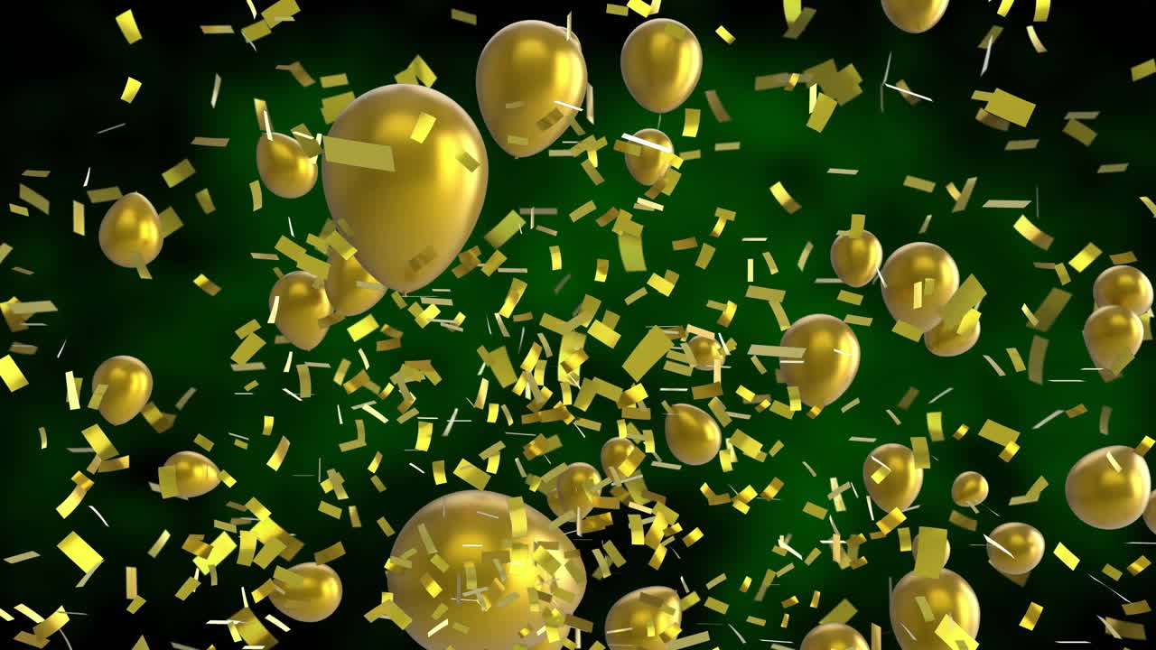 animación de globos y confeti sobre un fondo negro