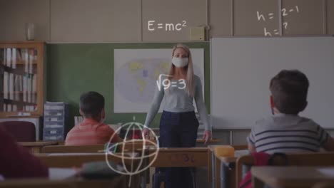 mathematical equations floating against female teacher wearing face mask teaching at school