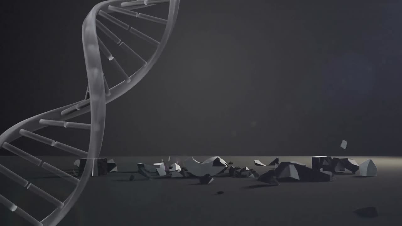 Dna structure spinning over dollar currency symbol falling and breaking against grey background