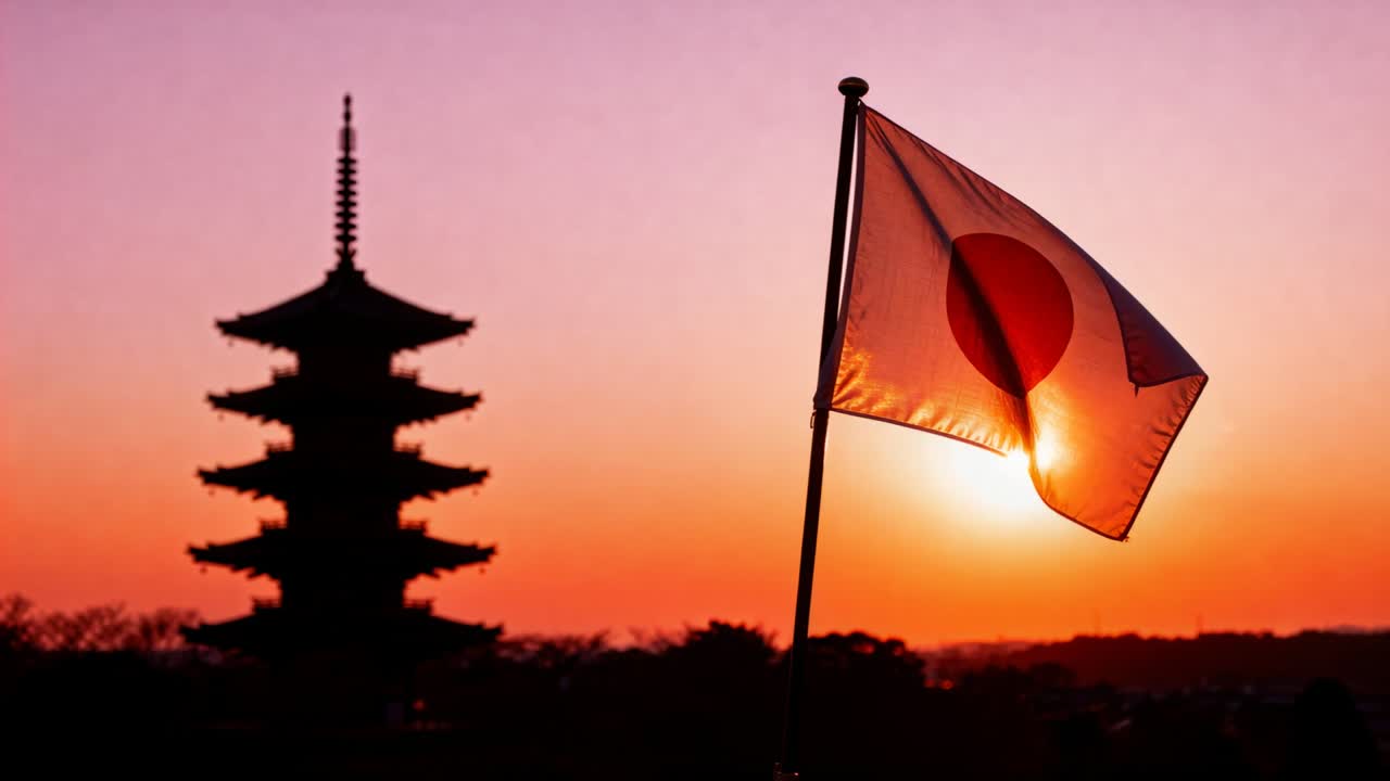 Waving Japanese flag on pole as breeze lifting, sun backlighting red disk by pagoda, copy space
